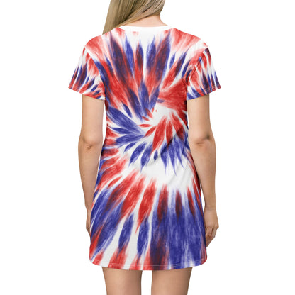 Tie-Dye Patriotic T-Shirt Dress — Red White & Blue Spiral All-Over Print