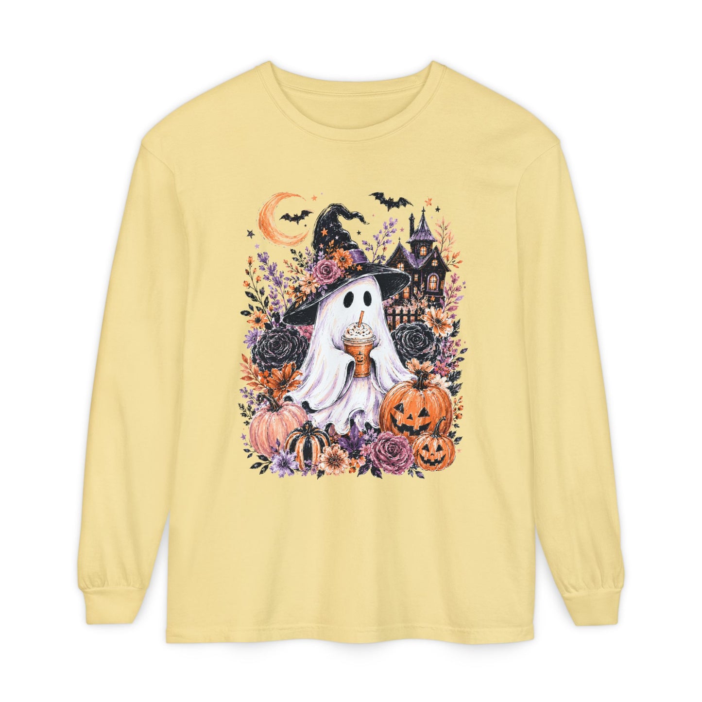 Cute Halloween Ghost Long Sleeve T-Shirt – Pumpkin & Haunted House Graphic
