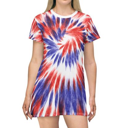 Tie-Dye Patriotic T-Shirt Dress — Red White & Blue Spiral All-Over Print