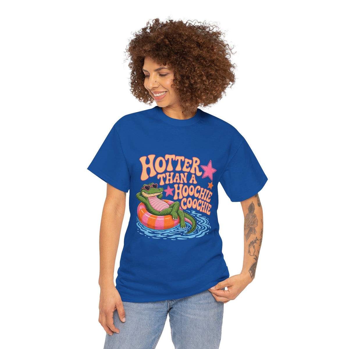 Graphic Tee — "Hotter Than a Hoochie Coochie" Alligator Pool Float Shirt