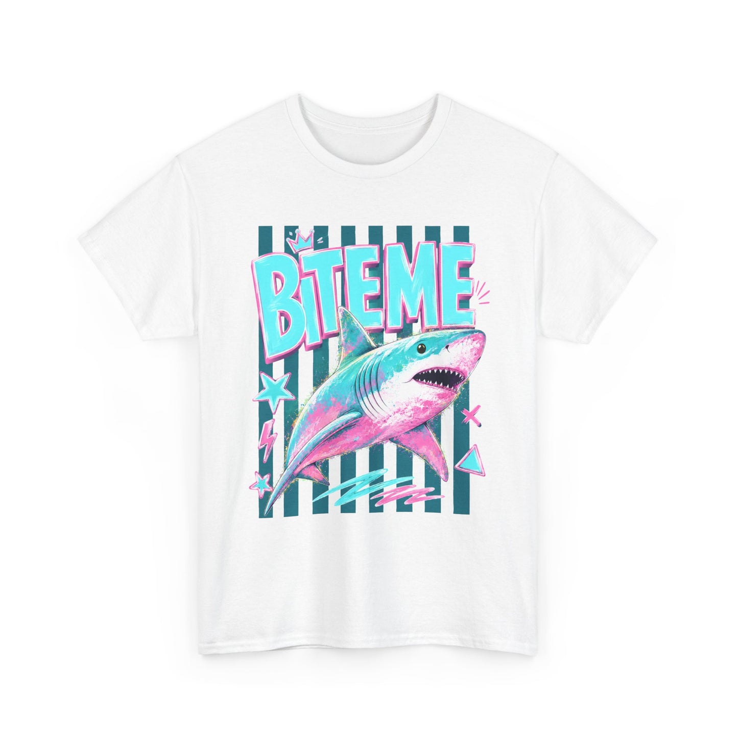 Shark 'Bite Me' Graphic Tee — Retro Neon Coastal Surf T-Shirt