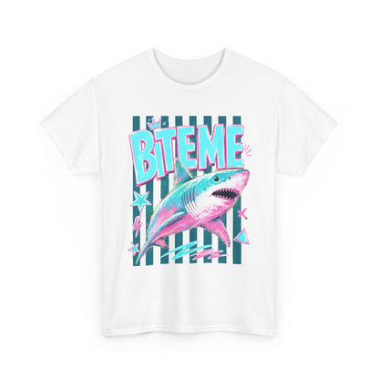 Shark 'Bite Me' Graphic Tee — Retro Neon Coastal Surf T-Shirt