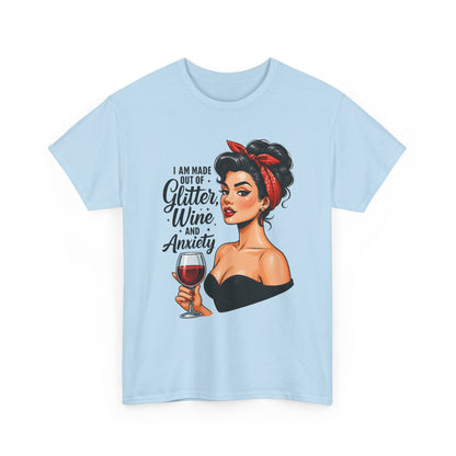 Wine & Anxiety Graphic Tee — Retro Pinup Woman Holding Wine Glass