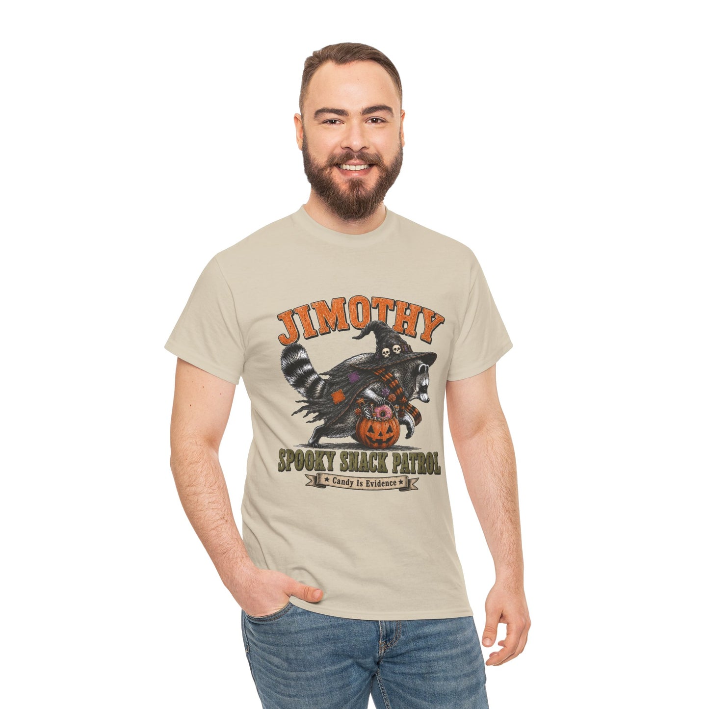 Halloween Racoon Tee — “Jimothy Spooky Snack Patrol” Graphic Shirt