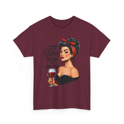 Wine & Anxiety Graphic Tee — Retro Pinup Woman Holding Wine Glass