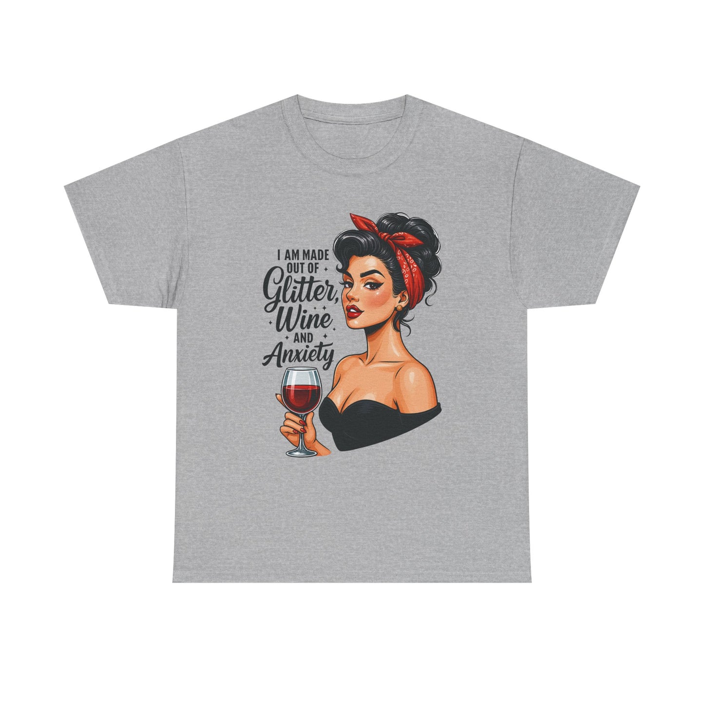 Wine & Anxiety Graphic Tee — Retro Pinup Woman Holding Wine Glass