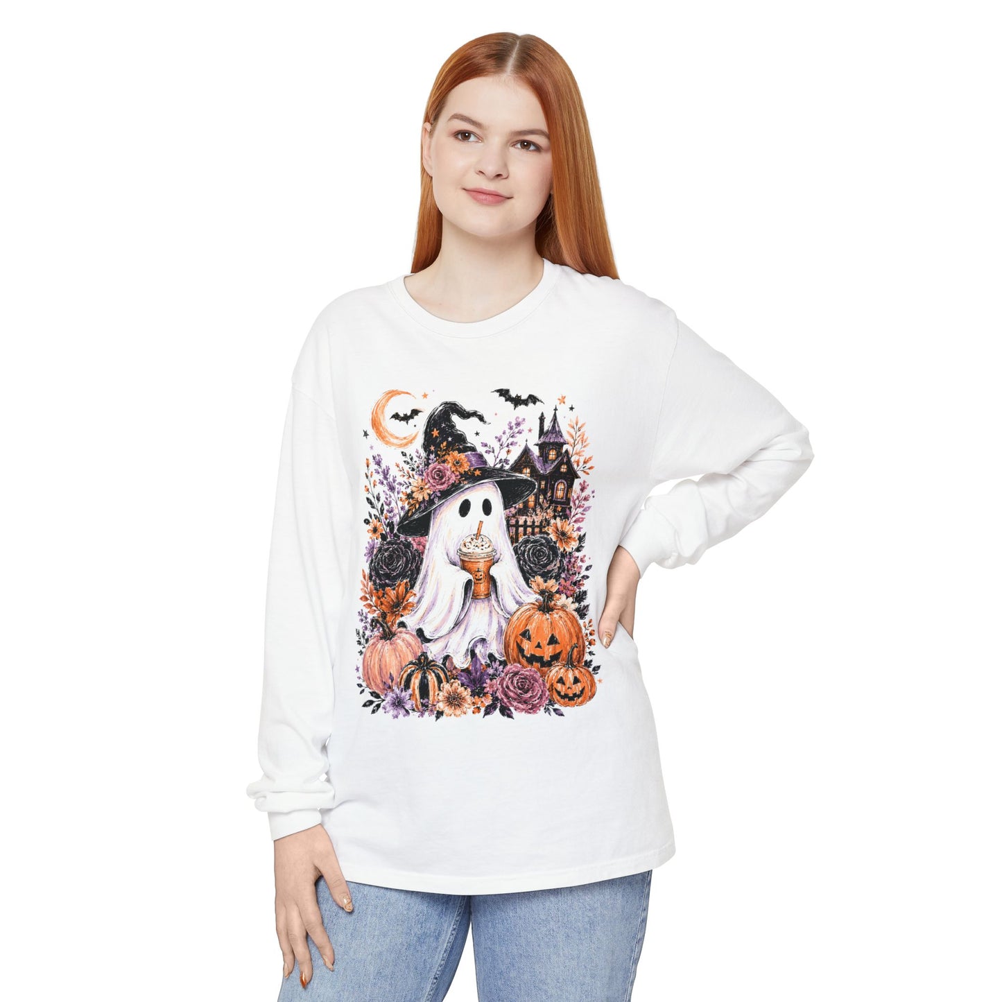Cute Halloween Ghost Long Sleeve T-Shirt – Pumpkin & Haunted House Graphic
