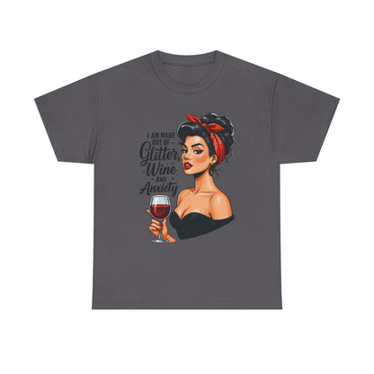 Wine & Anxiety Graphic Tee — Retro Pinup Woman Holding Wine Glass
