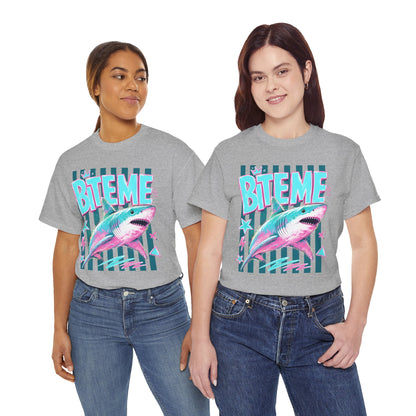 Shark 'Bite Me' Graphic Tee — Retro Neon Coastal Surf T-Shirt