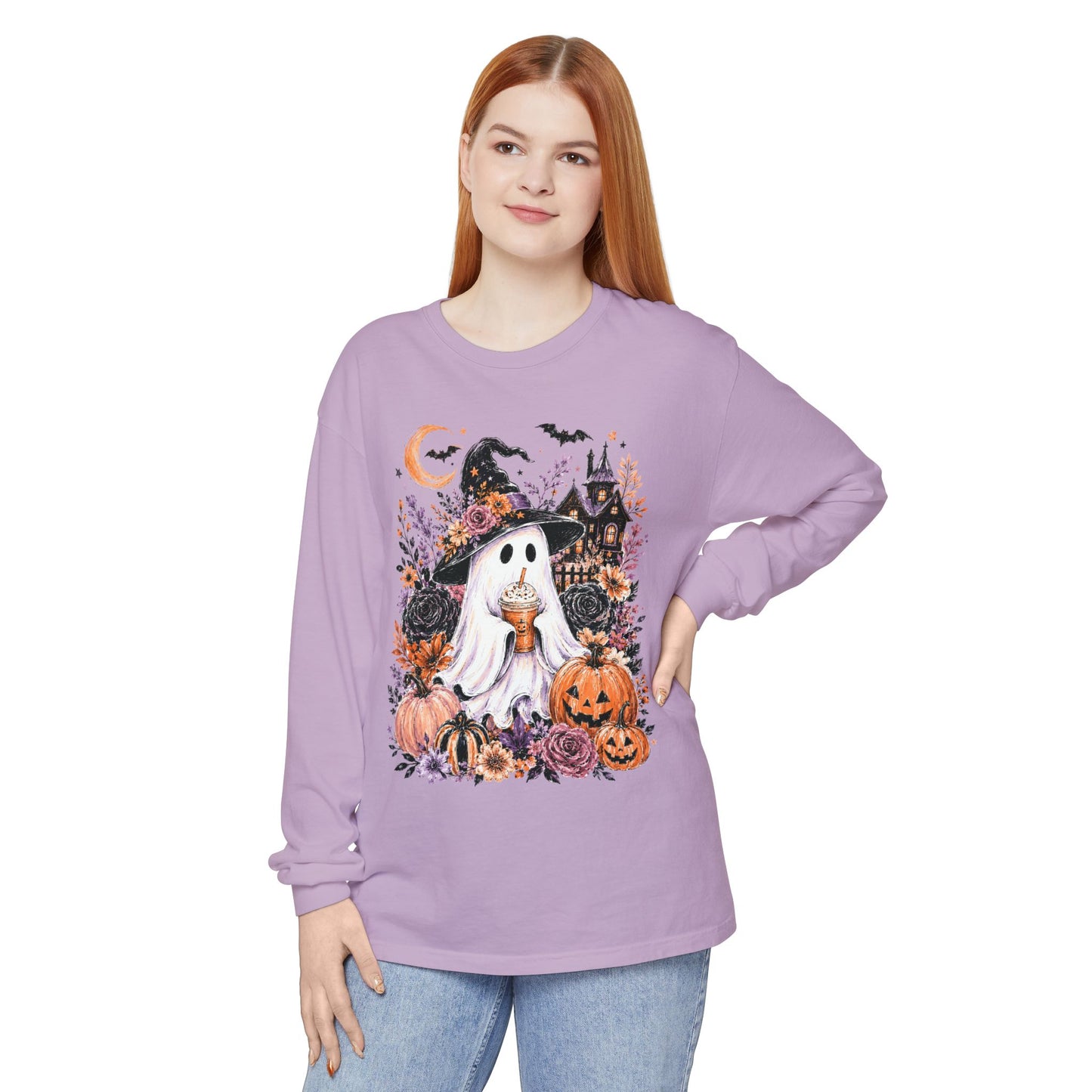 Cute Halloween Ghost Long Sleeve T-Shirt – Pumpkin & Haunted House Graphic