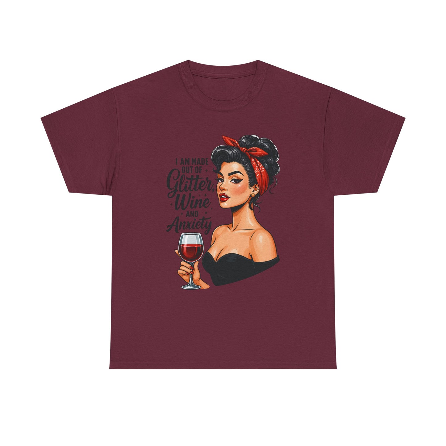 Wine & Anxiety Graphic Tee — Retro Pinup Woman Holding Wine Glass