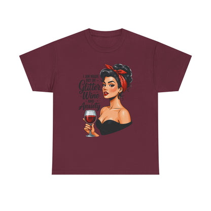 Wine & Anxiety Graphic Tee — Retro Pinup Woman Holding Wine Glass