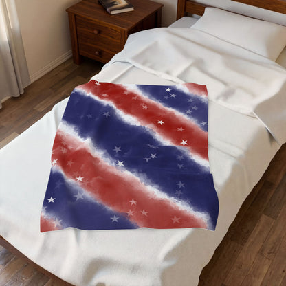 American Stars Velveteen Plush Blanket — Patriotic Red White & Blue Throw