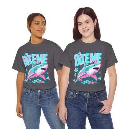 Shark 'Bite Me' Graphic Tee — Retro Neon Coastal Surf T-Shirt