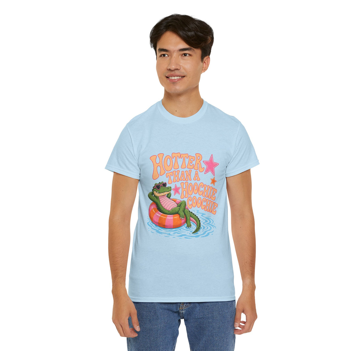 Graphic Tee — "Hotter Than a Hoochie Coochie" Alligator Pool Float Shirt
