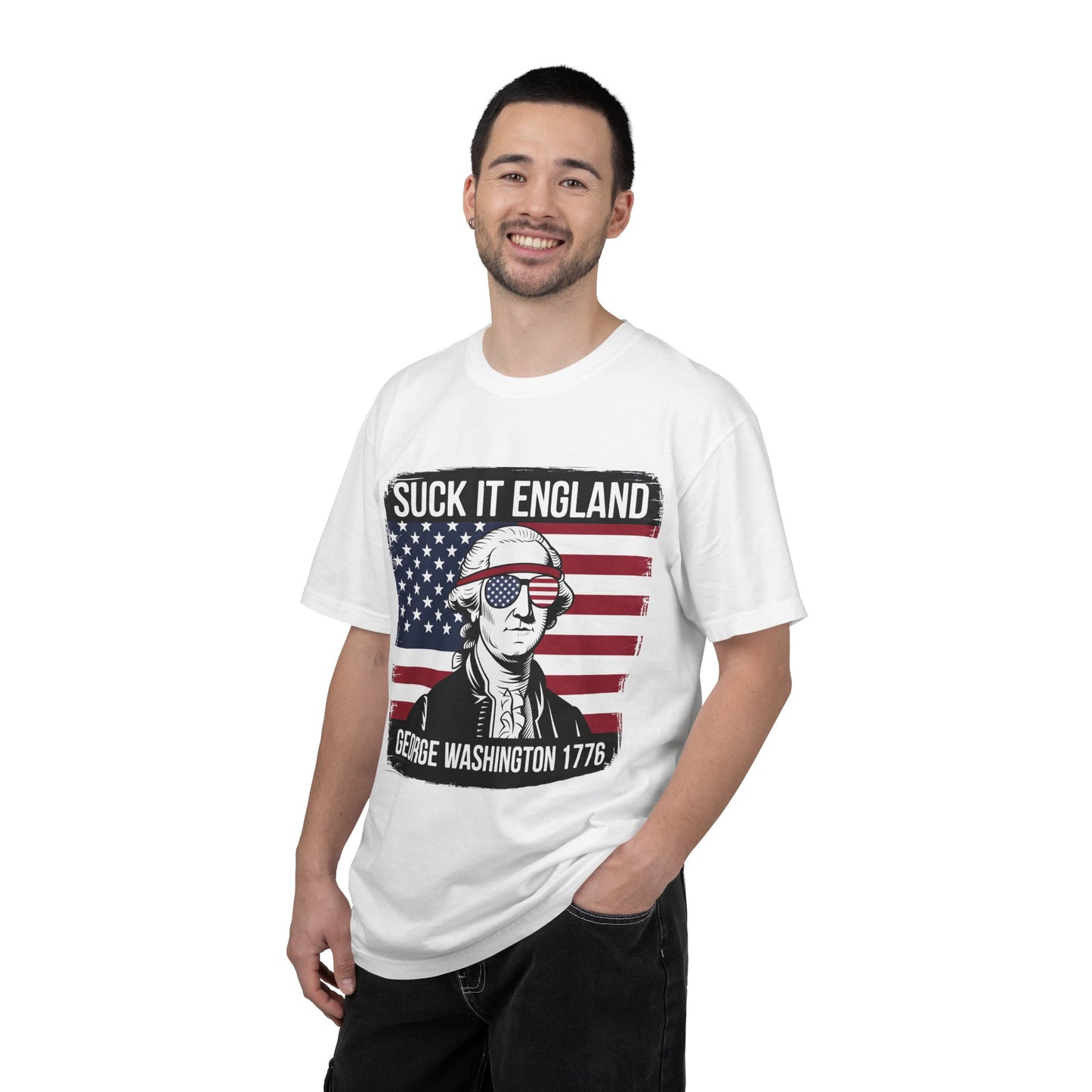 Patriotic Graphic T-Shirt — 'Suck It England' George Washington 1776 Flag Tee