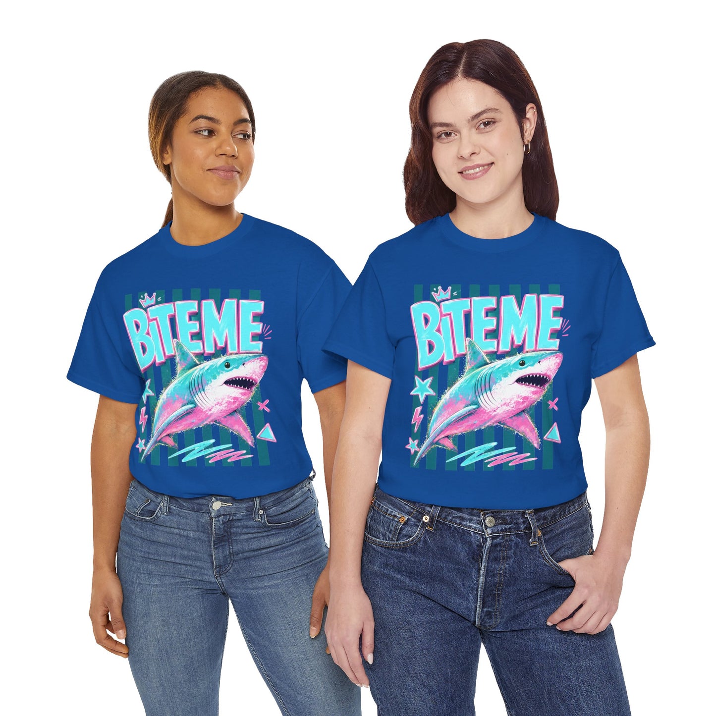 Shark 'Bite Me' Graphic Tee — Retro Neon Coastal Surf T-Shirt