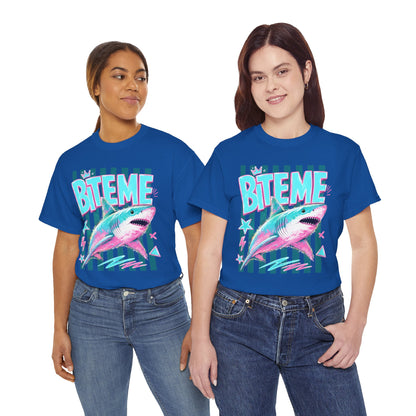 Shark 'Bite Me' Graphic Tee — Retro Neon Coastal Surf T-Shirt