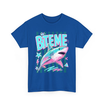 Shark 'Bite Me' Graphic Tee — Retro Neon Coastal Surf T-Shirt