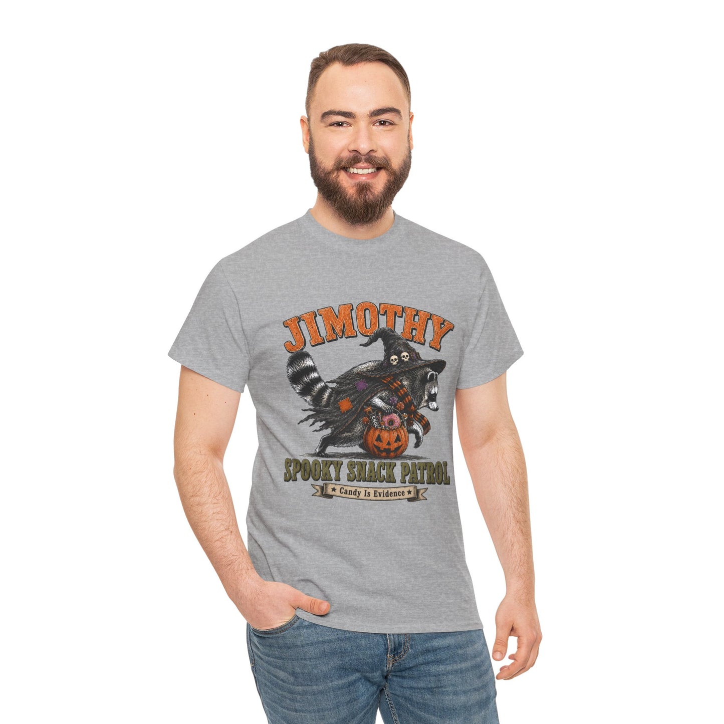 Halloween Racoon Tee — “Jimothy Spooky Snack Patrol” Graphic Shirt