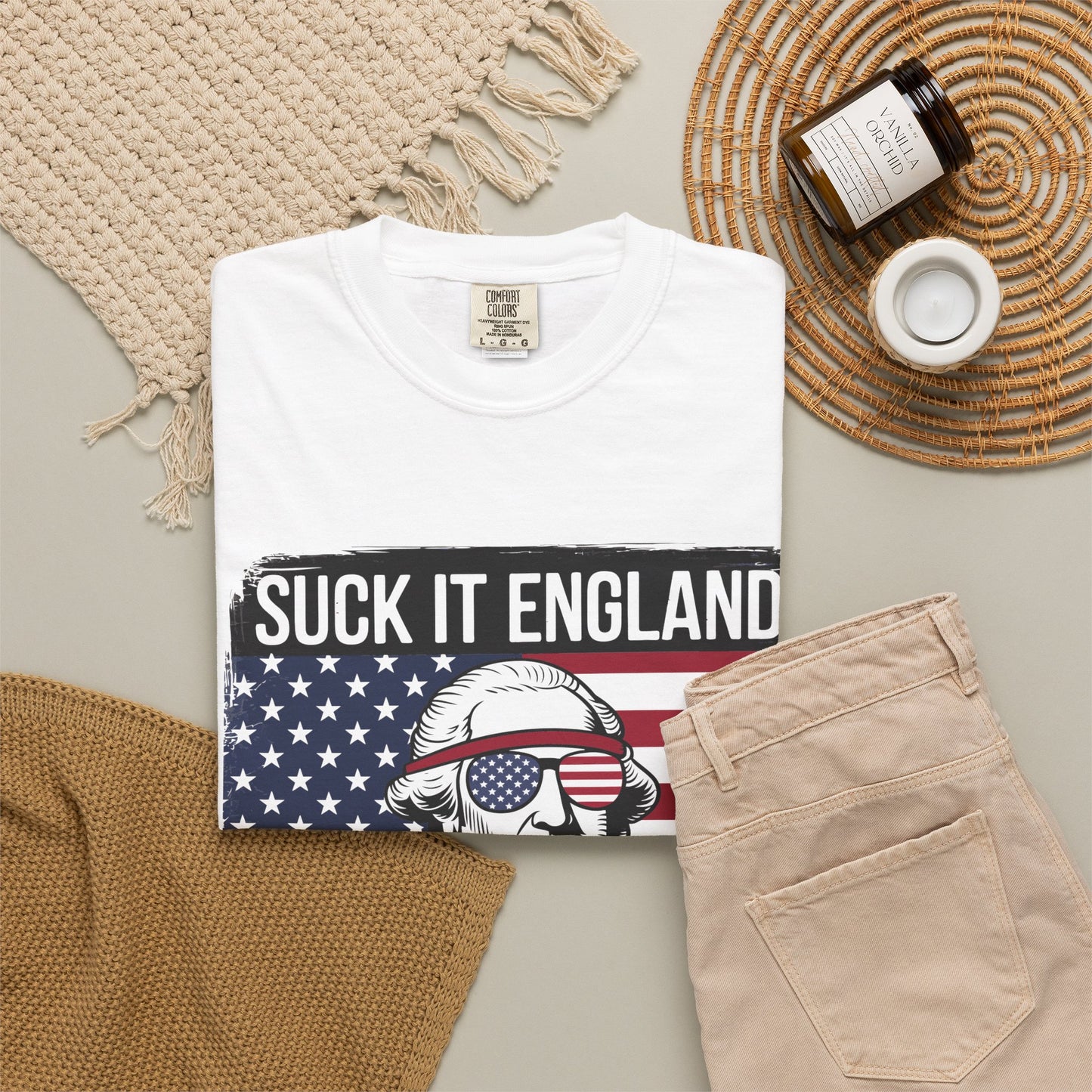 Patriotic Graphic T-Shirt — 'Suck It England' George Washington 1776 Flag Tee