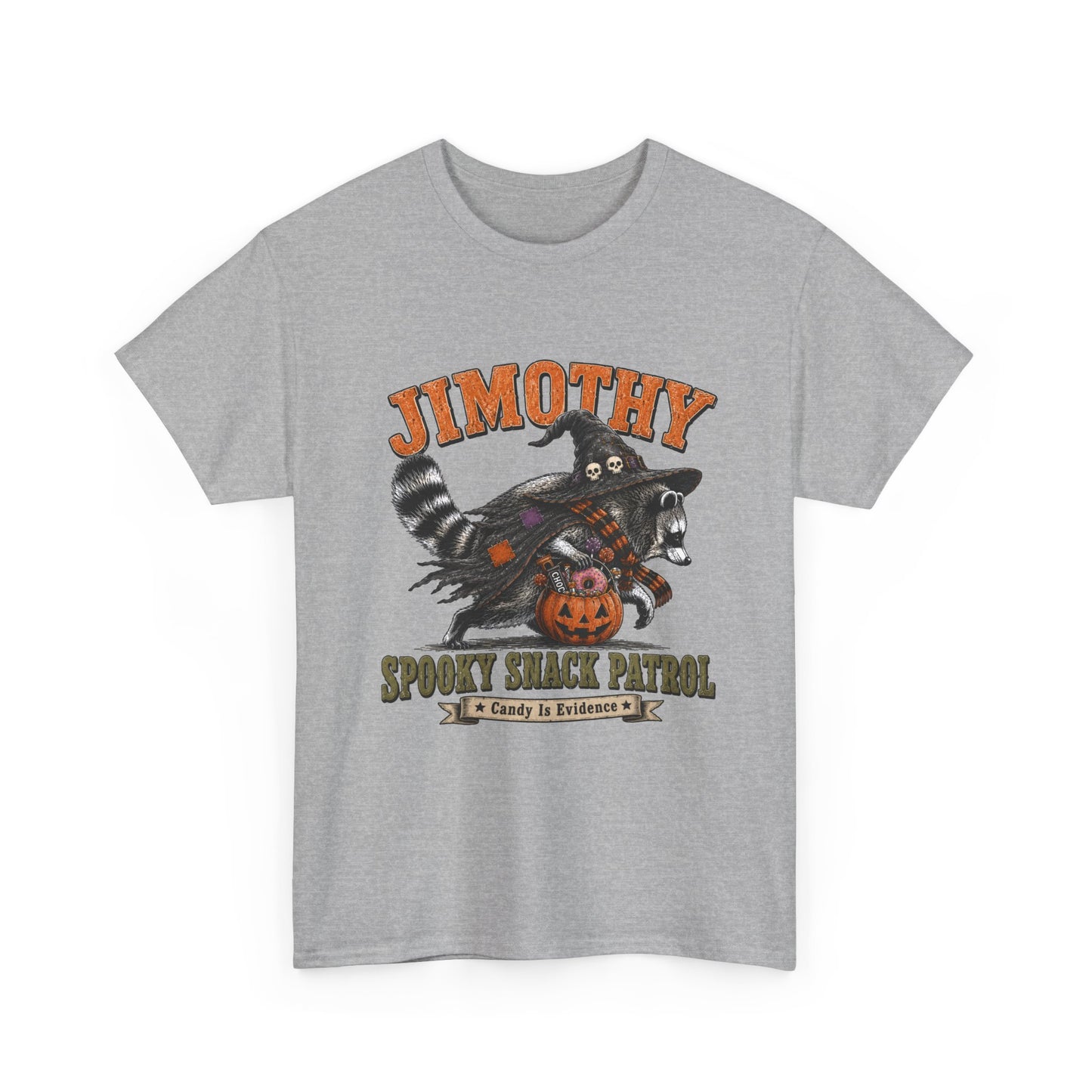 Halloween Racoon Tee — “Jimothy Spooky Snack Patrol” Graphic Shirt