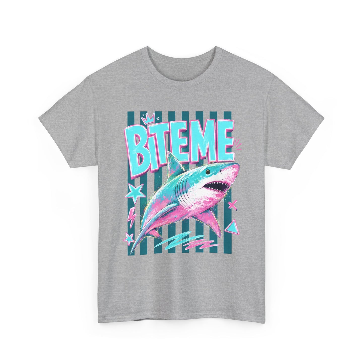Shark 'Bite Me' Graphic Tee — Retro Neon Coastal Surf T-Shirt