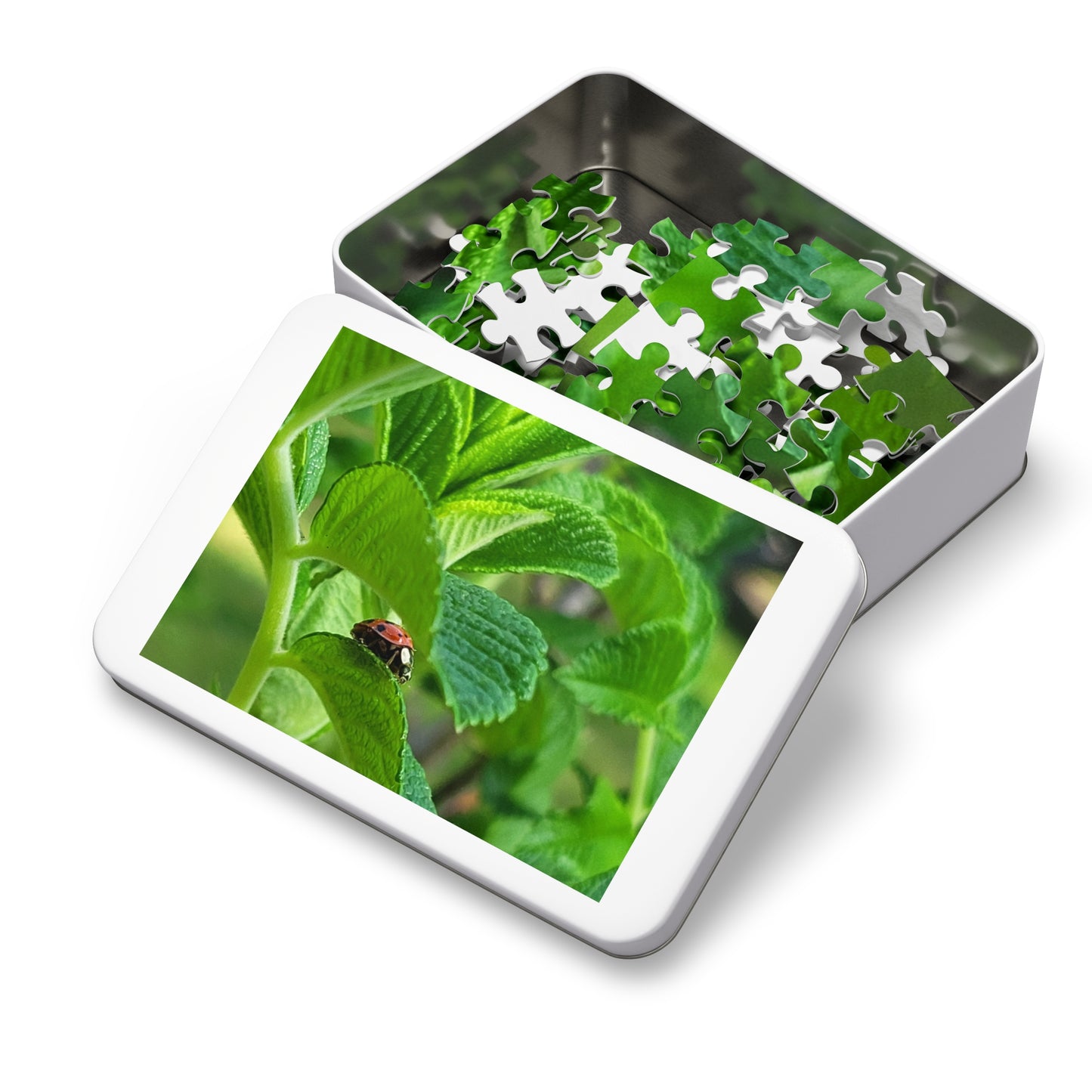 Ladybug on Green Leaves Jigsaw Puzzle (Tin Box)