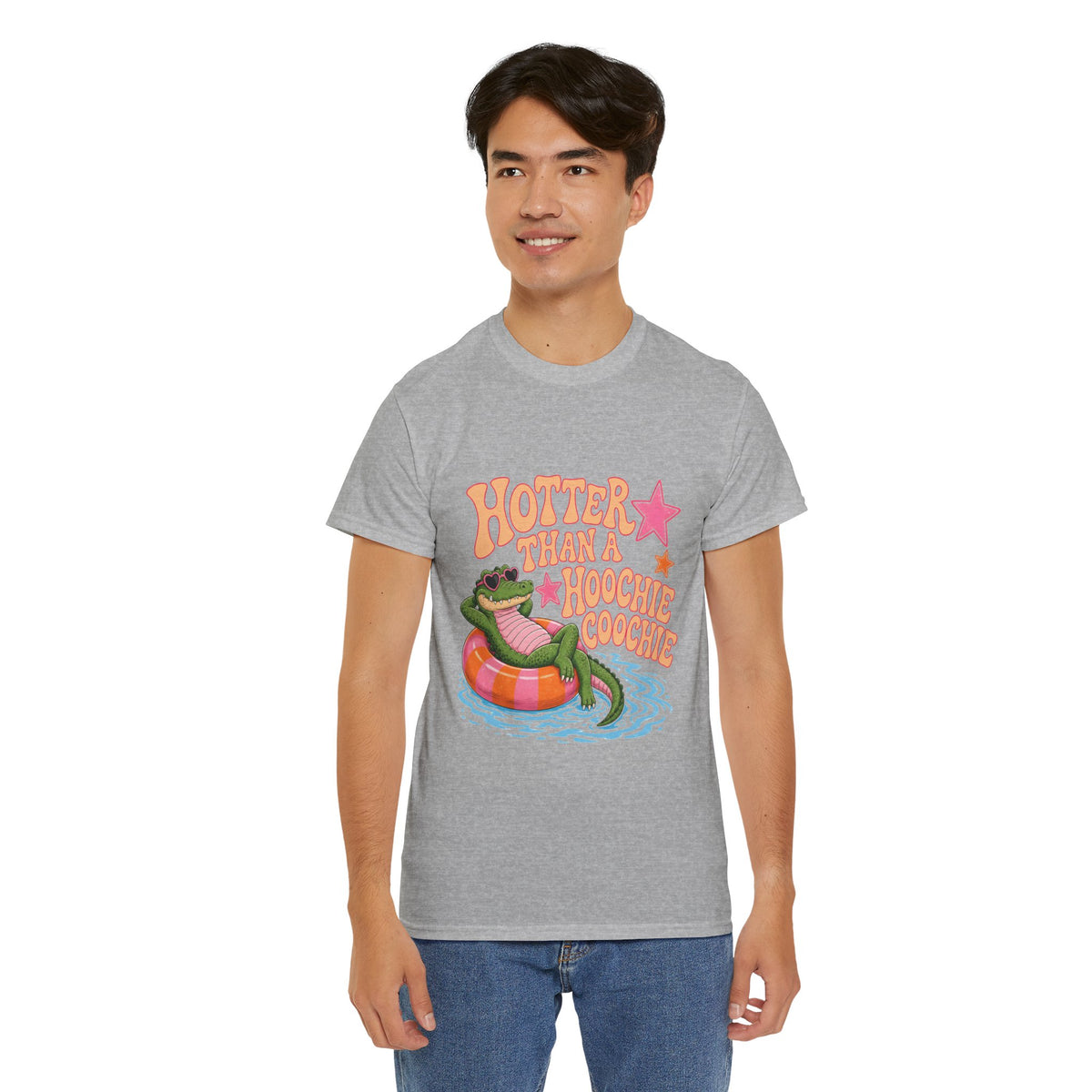 Graphic Tee — "Hotter Than a Hoochie Coochie" Alligator Pool Float Shirt