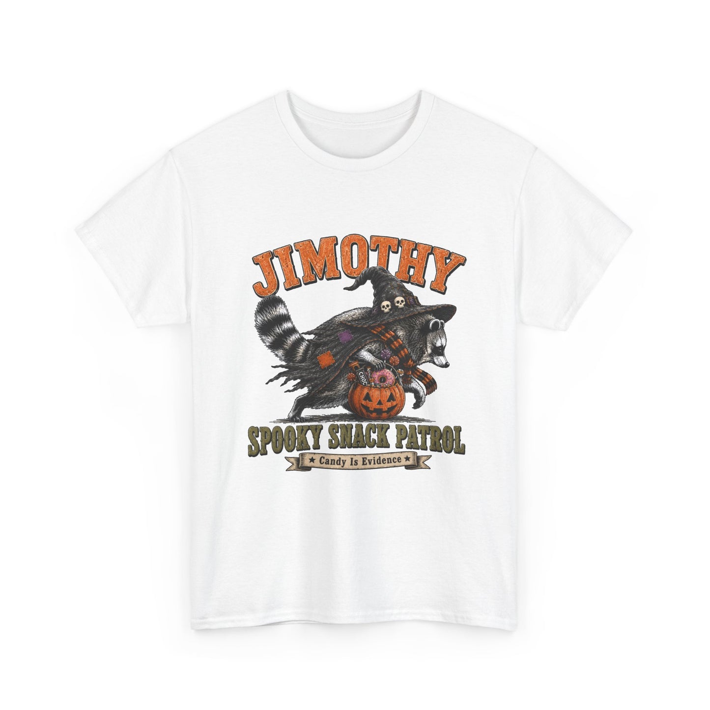 Halloween Racoon Tee — “Jimothy Spooky Snack Patrol” Graphic Shirt