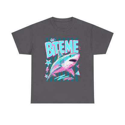 Shark 'Bite Me' Graphic Tee — Retro Neon Coastal Surf T-Shirt