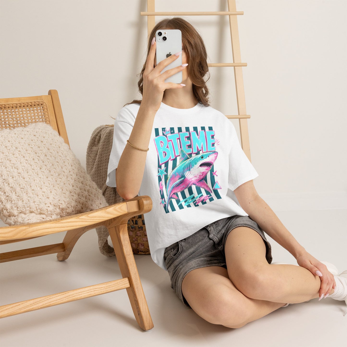 Shark 'Bite Me' Graphic Tee — Retro Neon Coastal Surf T-Shirt