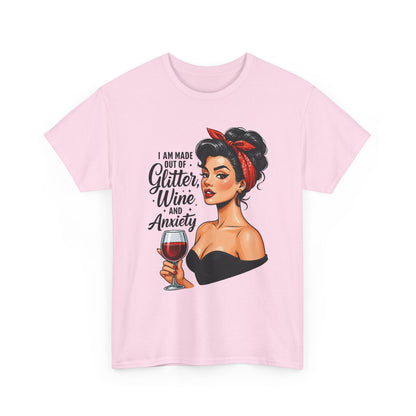 Wine & Anxiety Graphic Tee — Retro Pinup Woman Holding Wine Glass