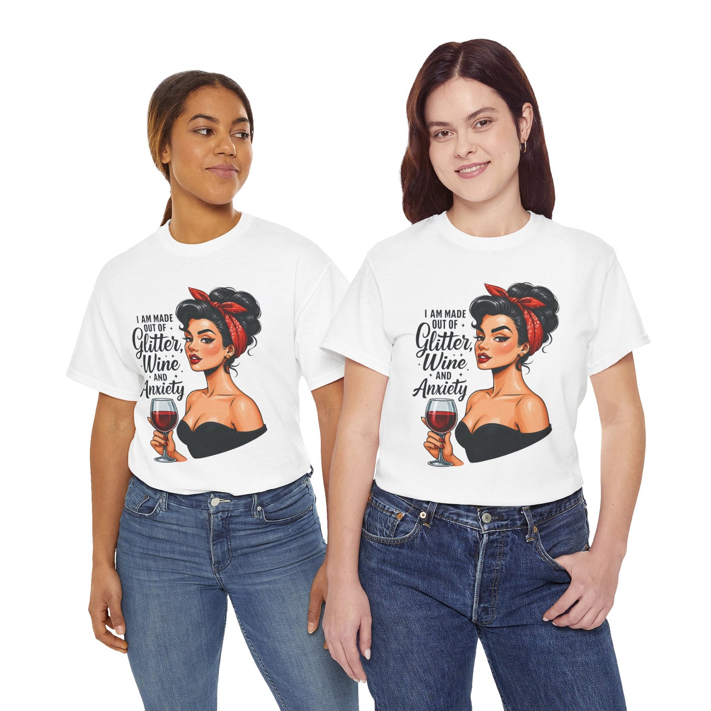 Wine & Anxiety Graphic Tee — Retro Pinup Woman Holding Wine Glass