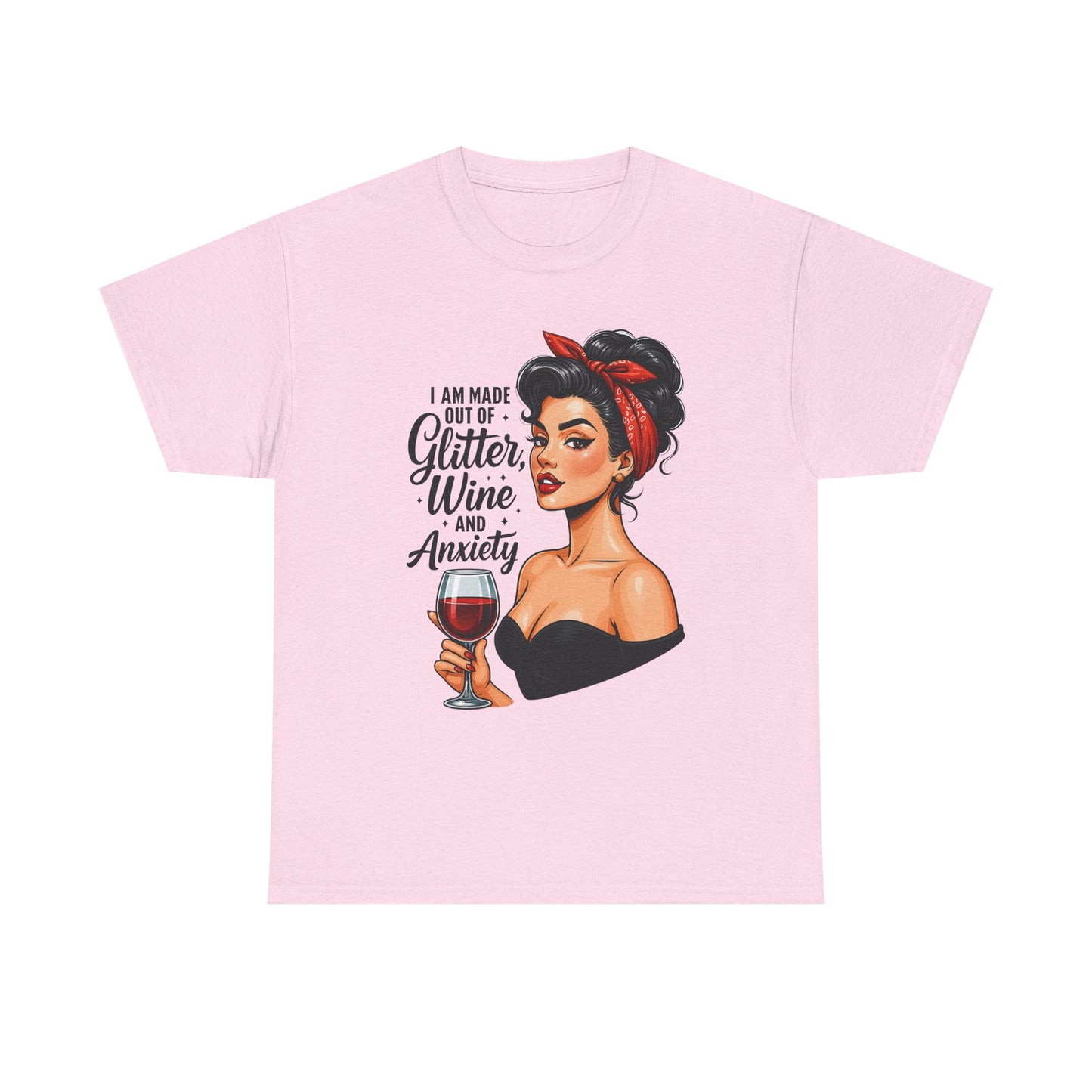 Wine & Anxiety Graphic Tee — Retro Pinup Woman Holding Wine Glass