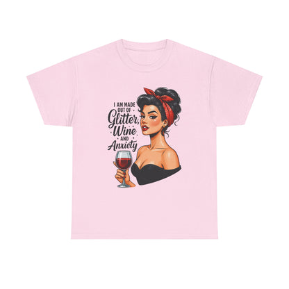 Wine & Anxiety Graphic Tee — Retro Pinup Woman Holding Wine Glass