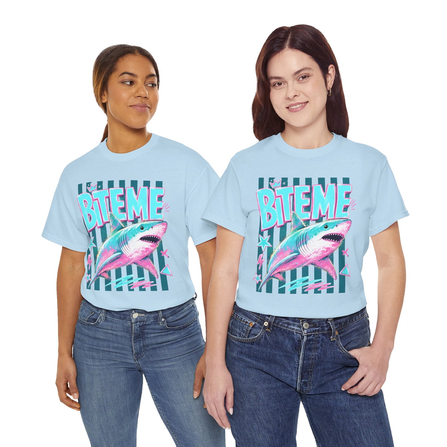 Shark 'Bite Me' Graphic Tee — Retro Neon Coastal Surf T-Shirt