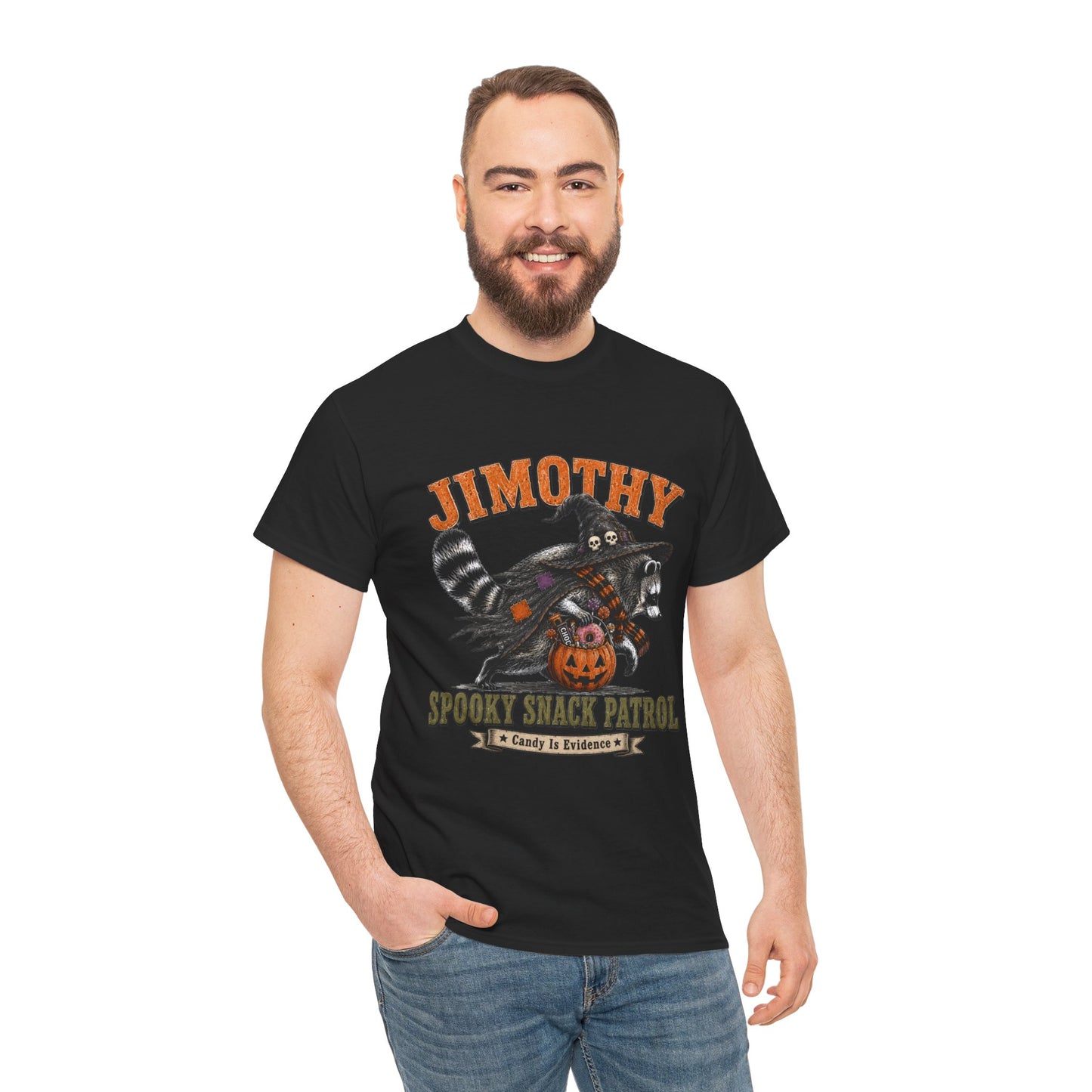 Halloween Racoon Tee — “Jimothy Spooky Snack Patrol” Graphic Shirt