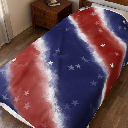 American Stars Velveteen Plush Blanket — Patriotic Red White & Blue Throw