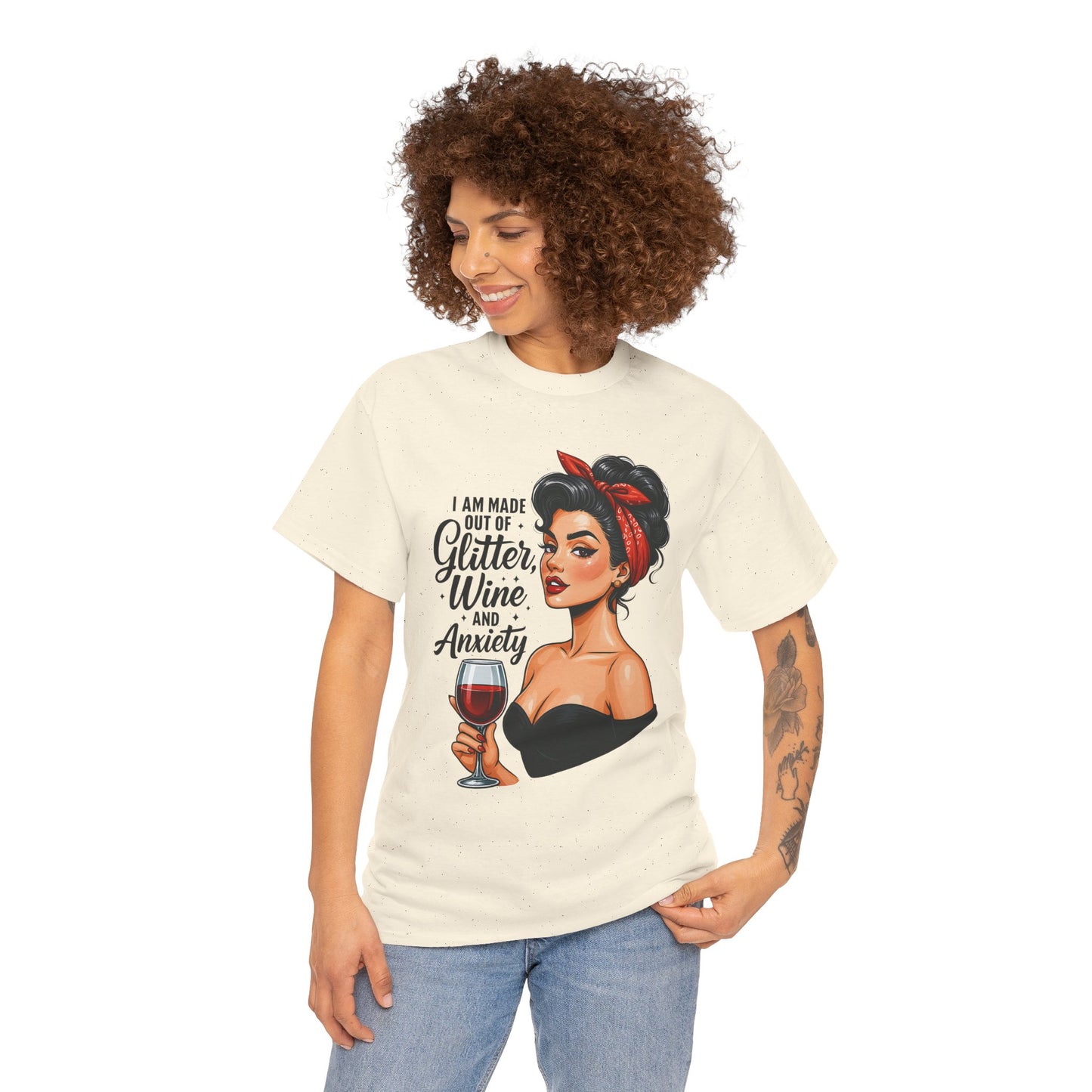 Wine & Anxiety Graphic Tee — Retro Pinup Woman Holding Wine Glass