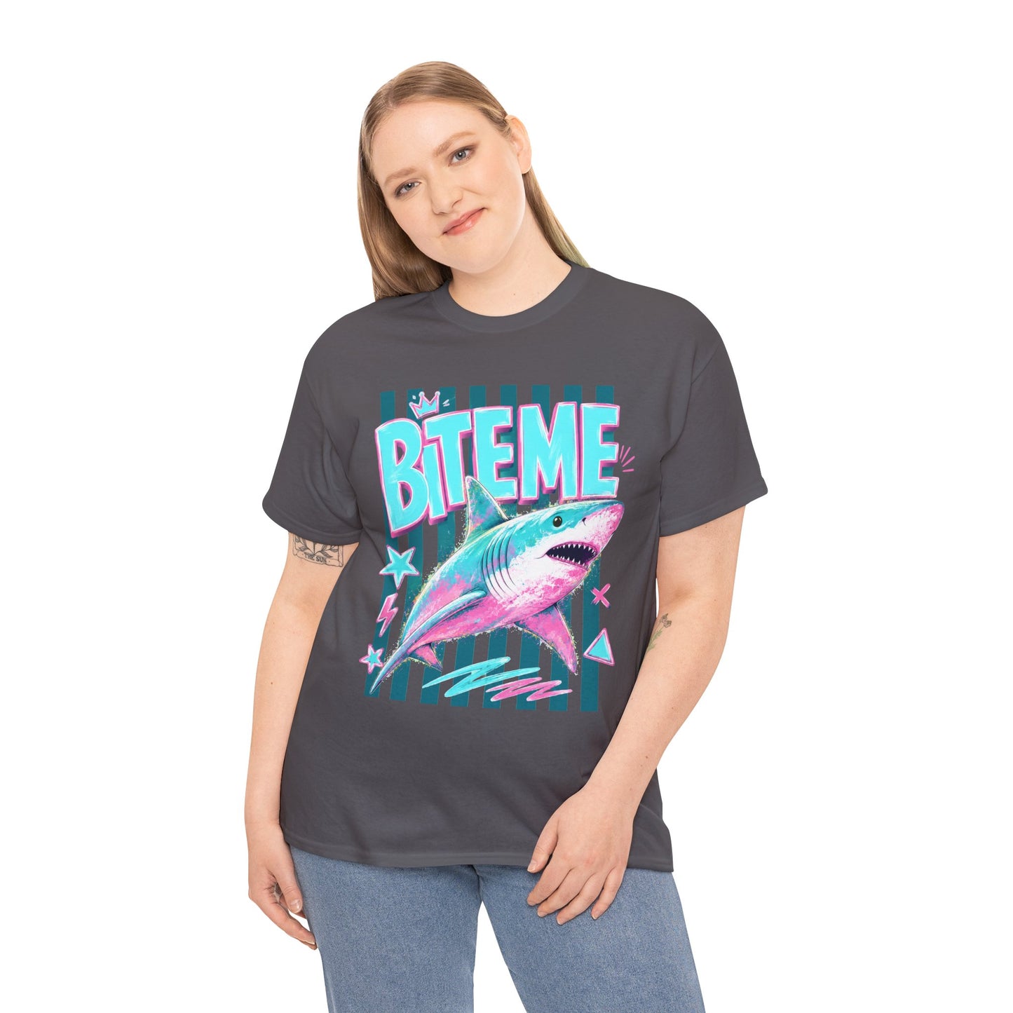 Shark 'Bite Me' Graphic Tee — Retro Neon Coastal Surf T-Shirt