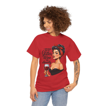 Wine & Anxiety Graphic Tee — Retro Pinup Woman Holding Wine Glass
