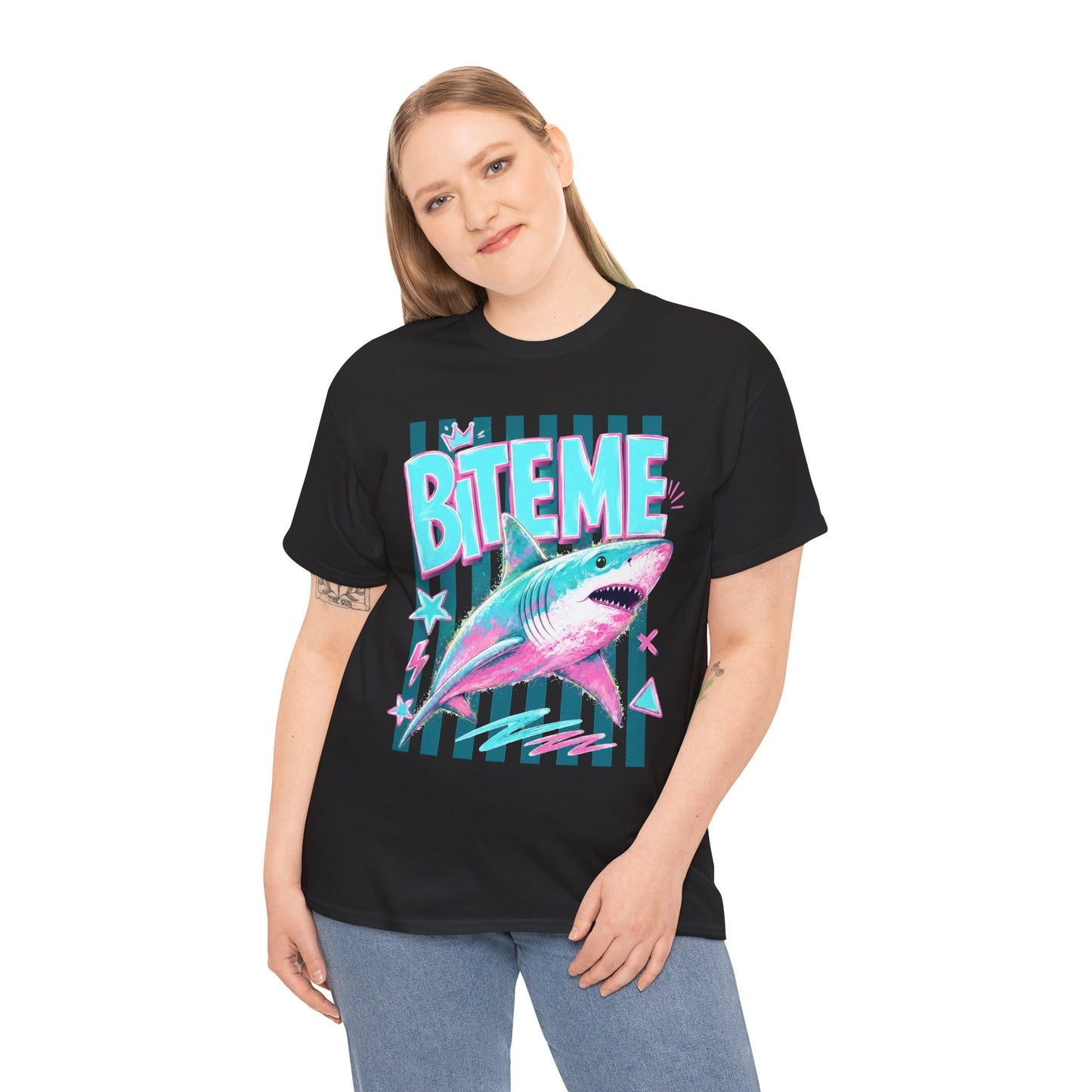 Shark 'Bite Me' Graphic Tee — Retro Neon Coastal Surf T-Shirt