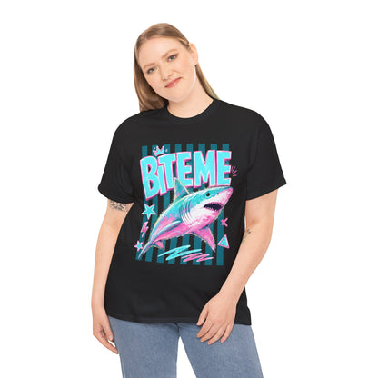 Shark 'Bite Me' Graphic Tee — Retro Neon Coastal Surf T-Shirt