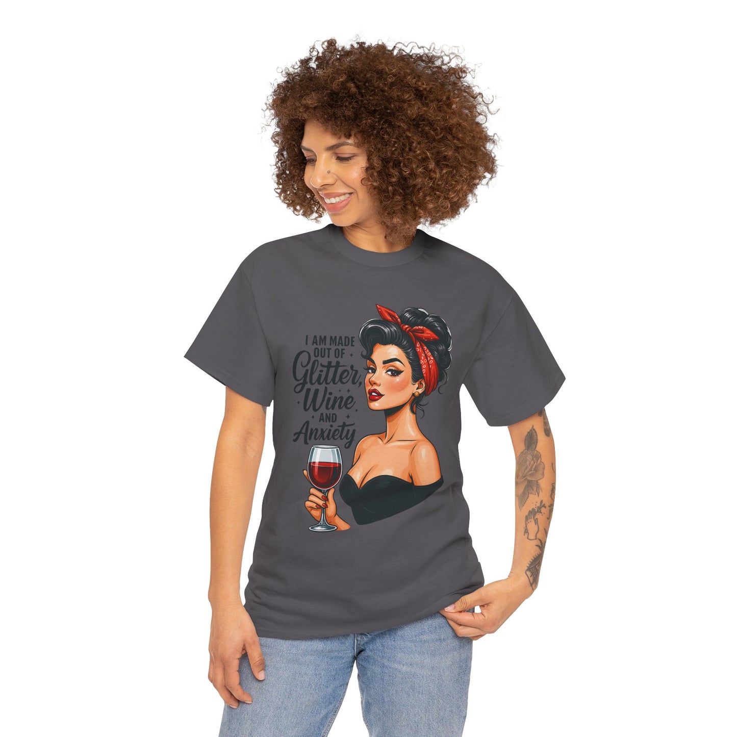Wine & Anxiety Graphic Tee — Retro Pinup Woman Holding Wine Glass