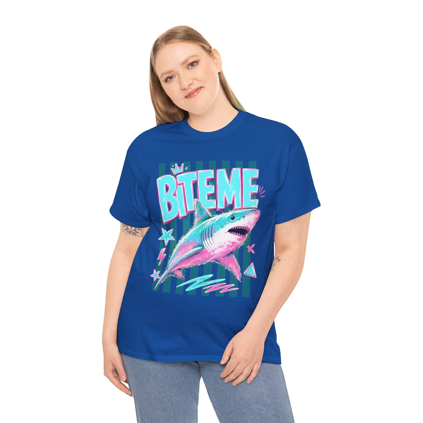 Shark 'Bite Me' Graphic Tee — Retro Neon Coastal Surf T-Shirt