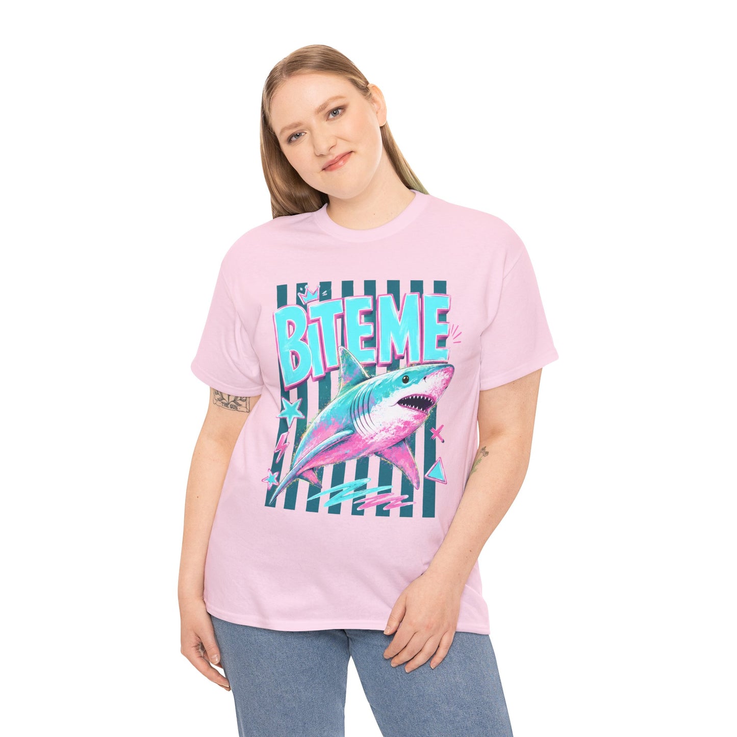 Shark 'Bite Me' Graphic Tee — Retro Neon Coastal Surf T-Shirt