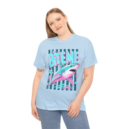 Shark 'Bite Me' Graphic Tee — Retro Neon Coastal Surf T-Shirt