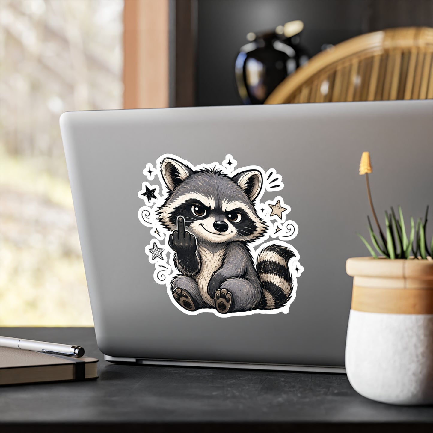 Rude Raccoon Kiss-Cut Vinyl Sticker — Sassy Middle Finger Decal for Laptop, Water Bottle, Car
