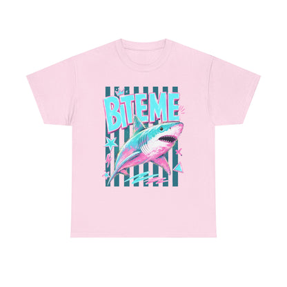 Shark 'Bite Me' Graphic Tee — Retro Neon Coastal Surf T-Shirt